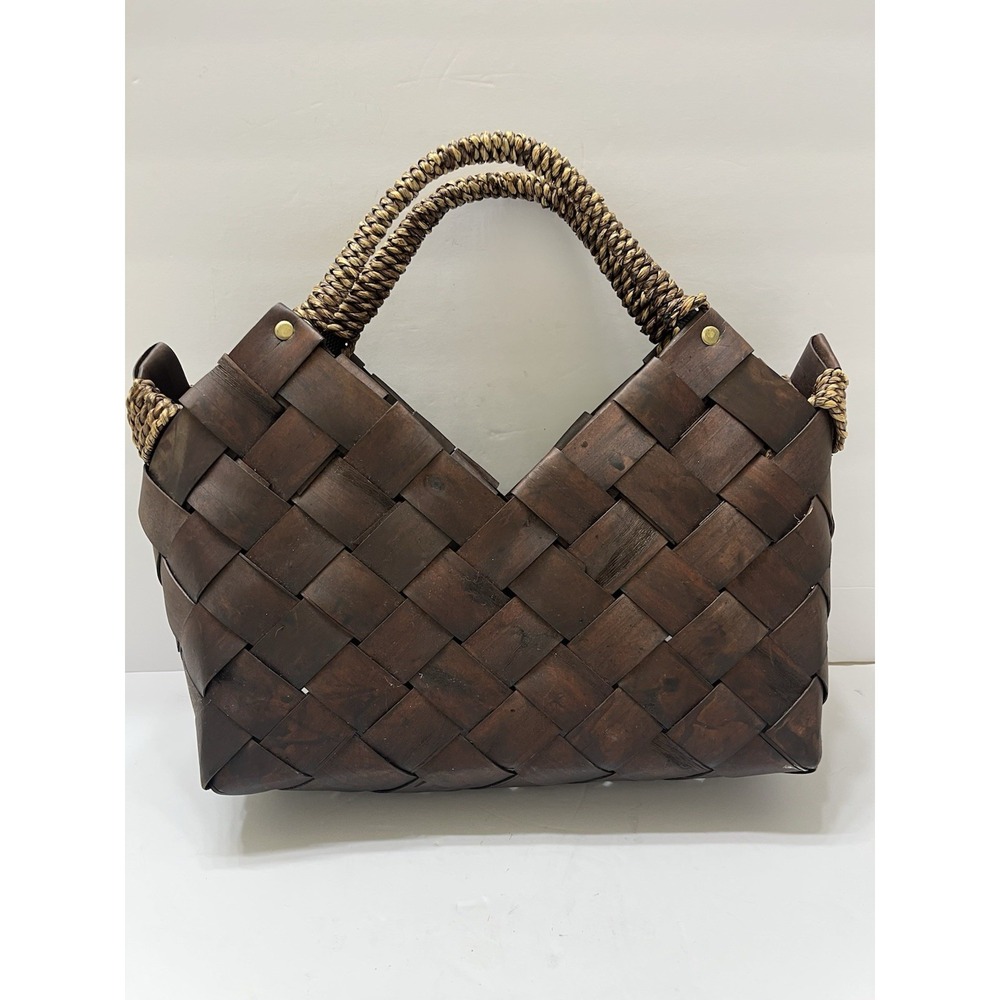Dark Brown Woven Basket Handbag Funky Unique Braided Woven Handle - Picture 5 of 10